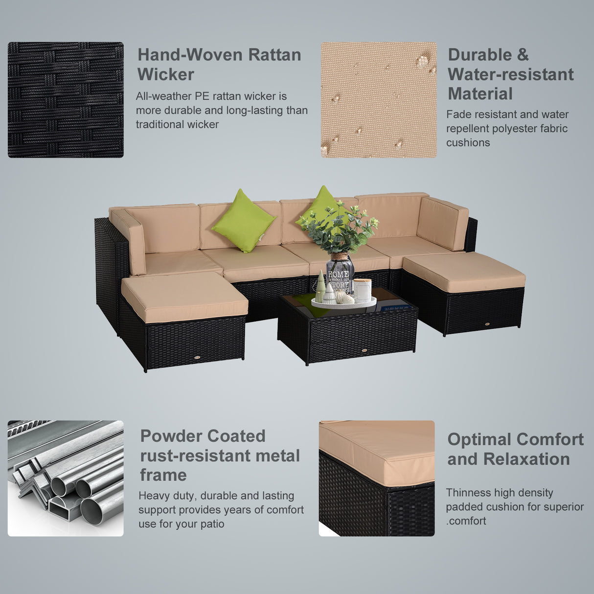 easycomfort easycomfort salotto da giardino in pe rattan 7 pezzi con divano pouf tavolino nero con cuscini cachi e verde