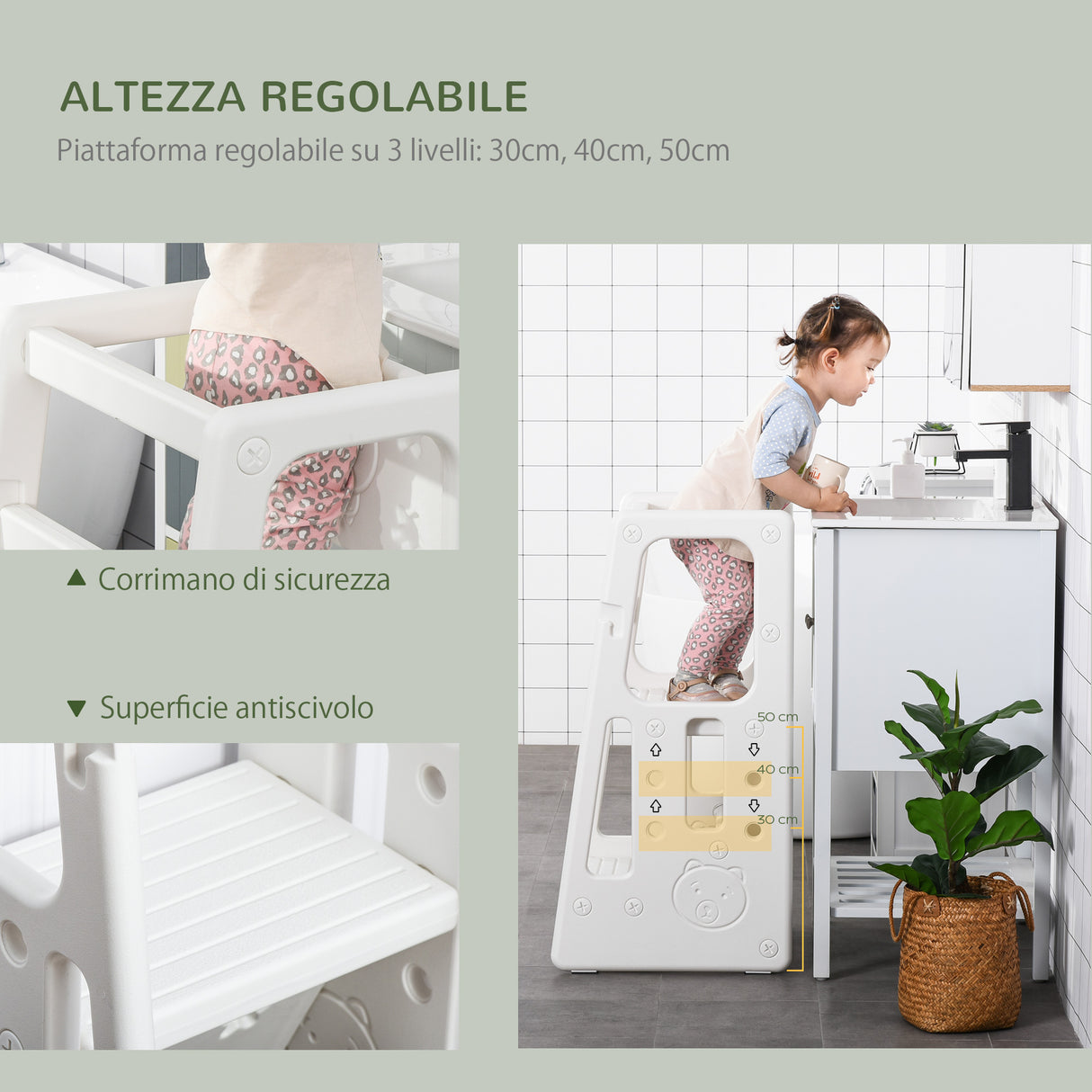 easycomfort easycomfort scaletta per bambini torre montessoriana altezza regolabile 3 livelli hdpe inodore 47x47x90cm bianco