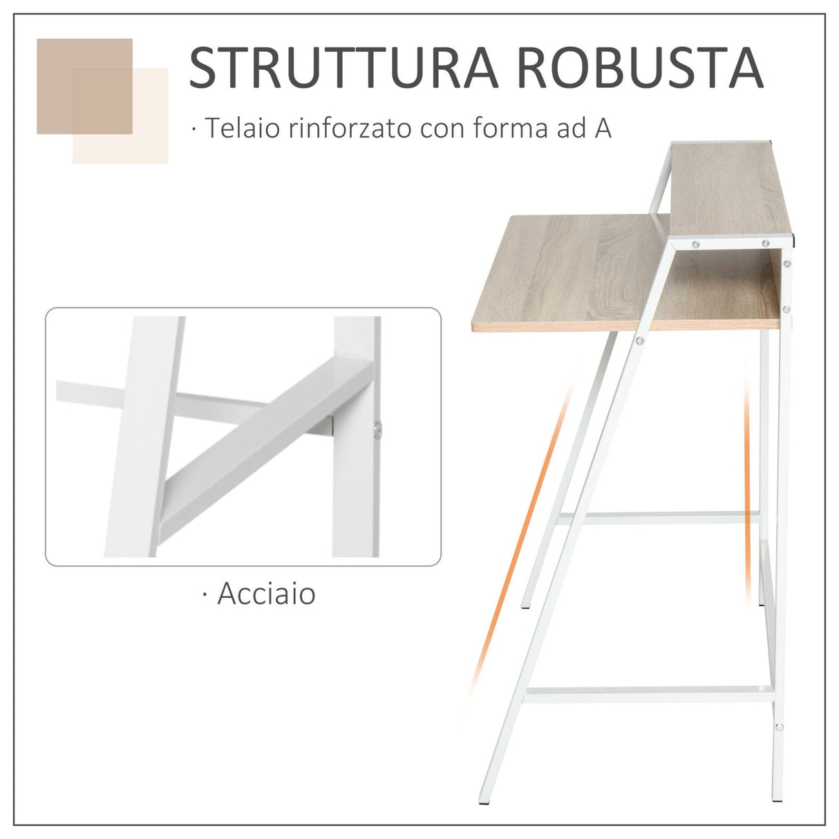 easycomfort easycomfort scrivania a 2 livelli in legno e metallo 84x45x85cm bianco rovere