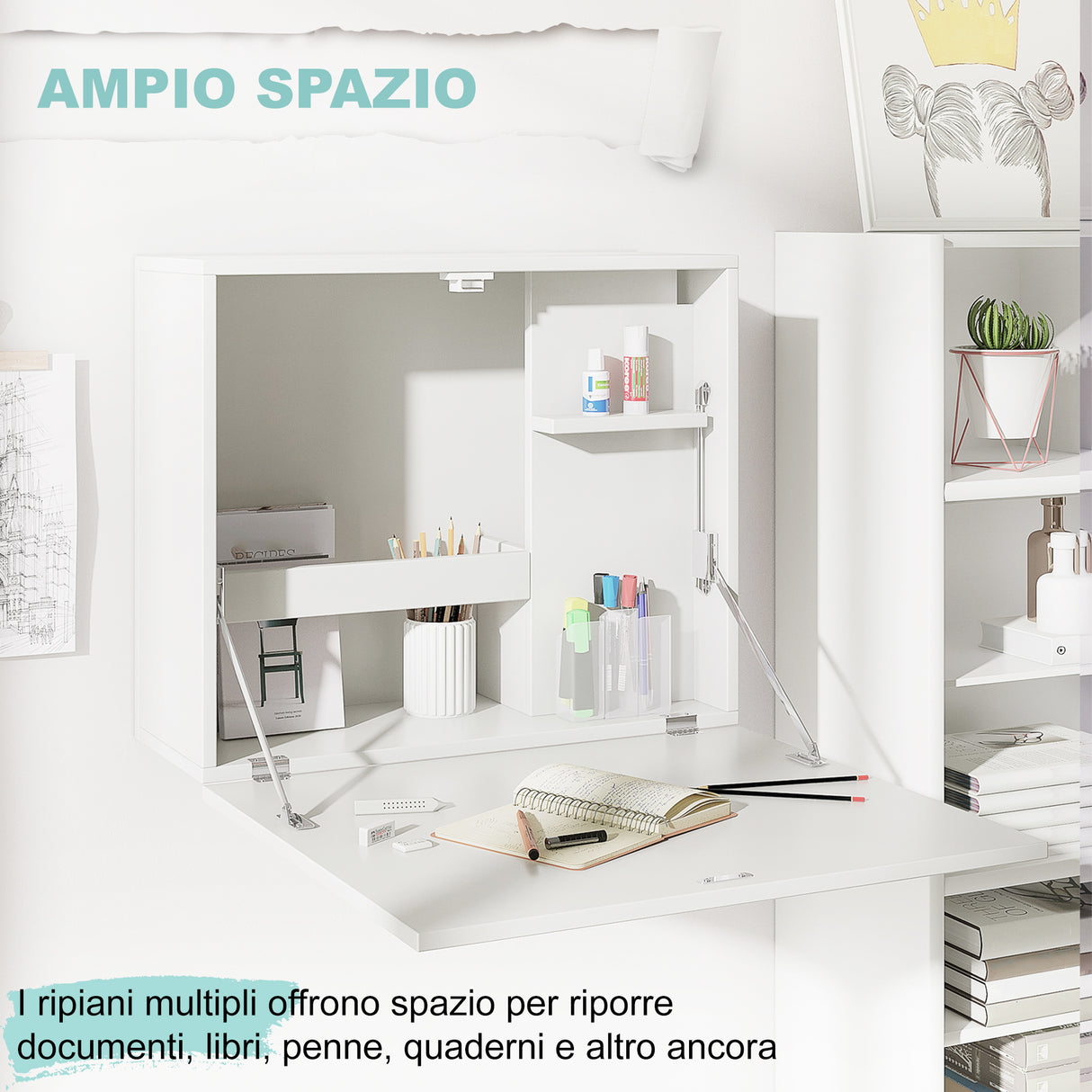 easycomfort easycomfort scrivania a muro pieghevole e salvaspazio con ripiani per casa e ufficio in truciolato e mdf 60x21 5x50 cm bianco