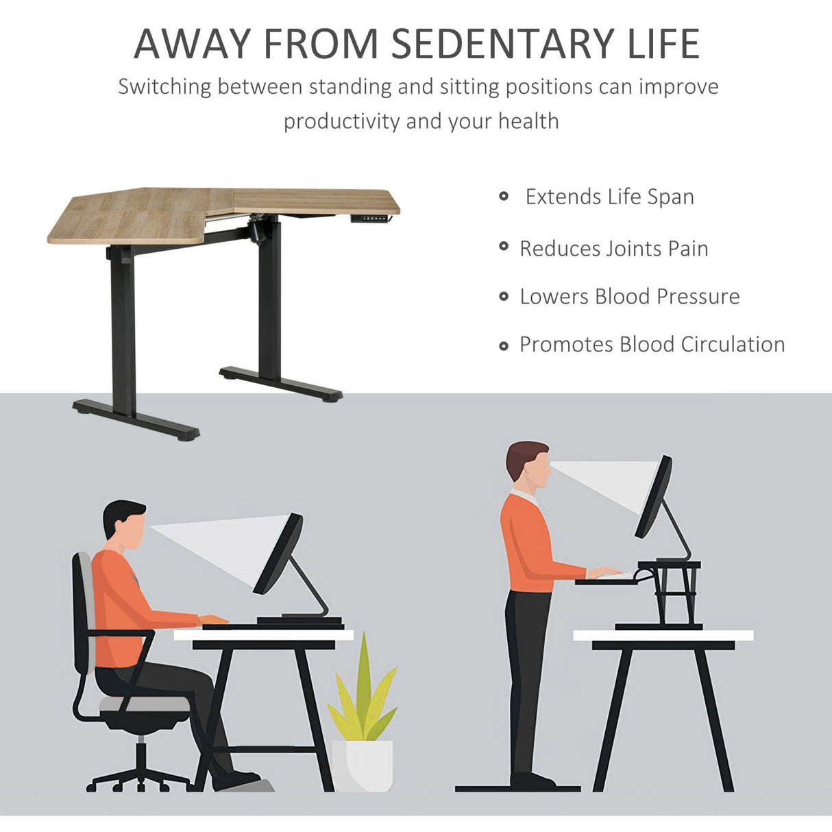 easycomfort easycomfort scrivania angolare sollevabile a 4 altezze con regolazione elettrica alluminio e mdf 167x101x72 122cm colore legno
