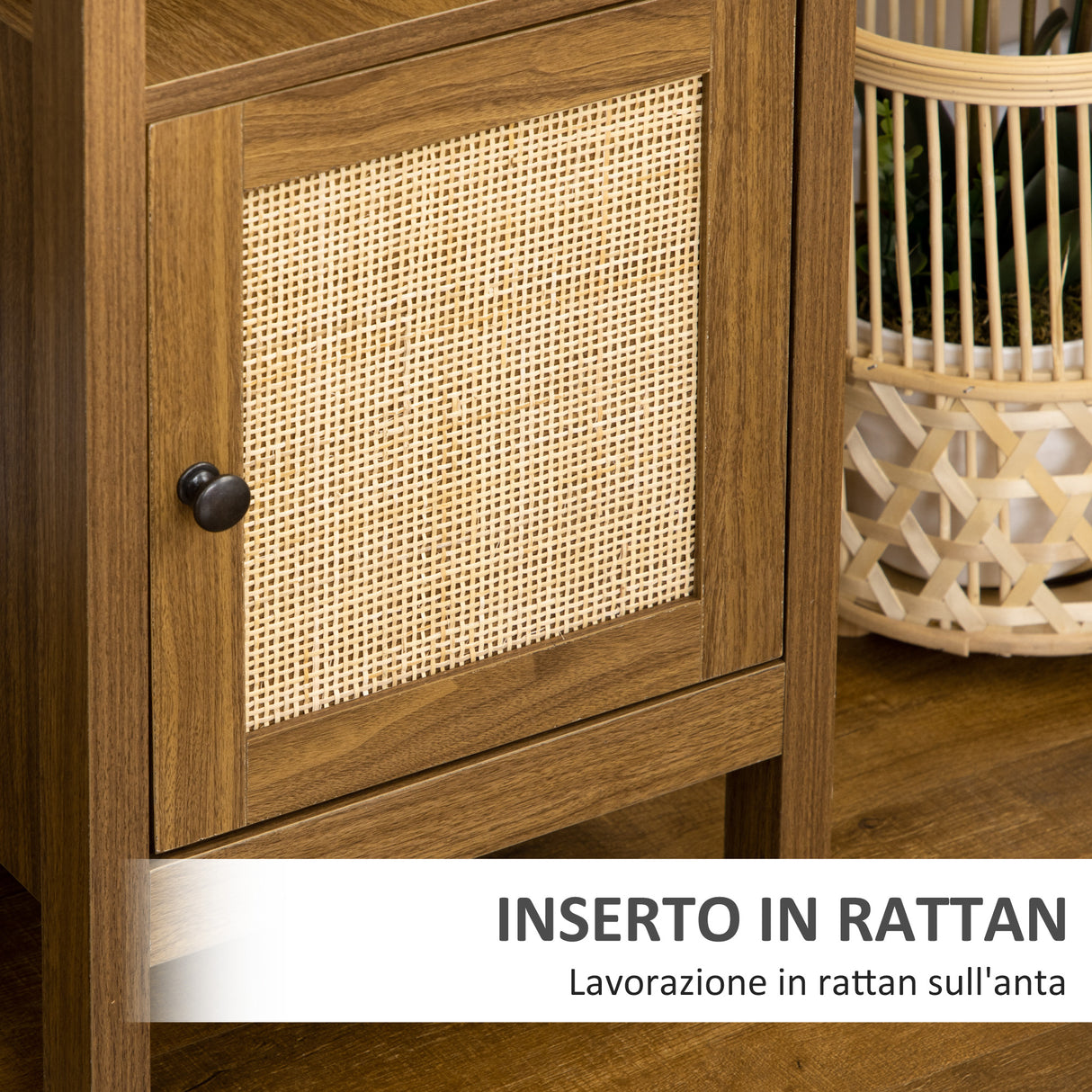 easycomfort easycomfort scrivania in legno con ripiano e armadietto con anta in rattan stile boho 110x48x76cm noce