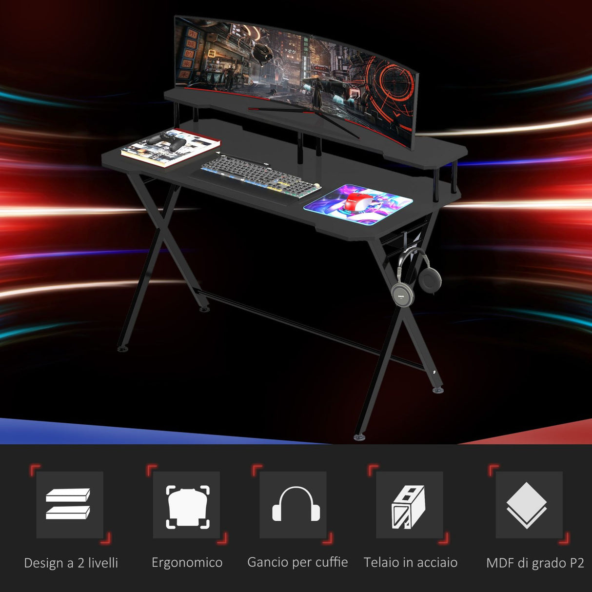 easycomfort easycomfort scrivania pc gaming con piano rialzato per monitor e gancio cuffie in mdf e acciaio nero 140x60x90cm ean 8054144134994