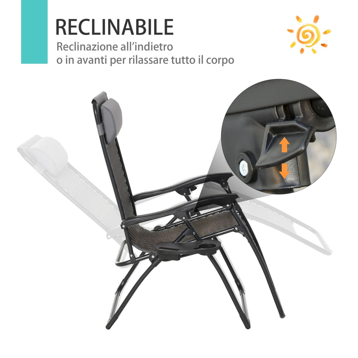 easycomfort easycomfort sedia a sdraio da giardino in rattan pieghevole con poggiatesta e vassoio prendisole struttura in acciaio grigio ean 8054144135250