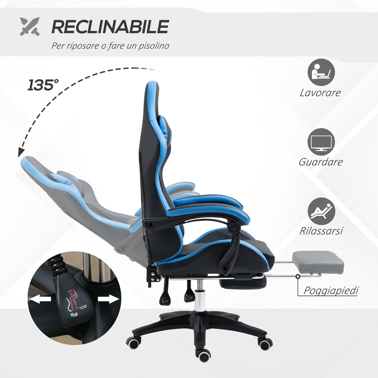easycomfort easycomfort sedia da gaming con altezza regolabile e schienale reclinabile 65x65x121 129 cm blu e nero