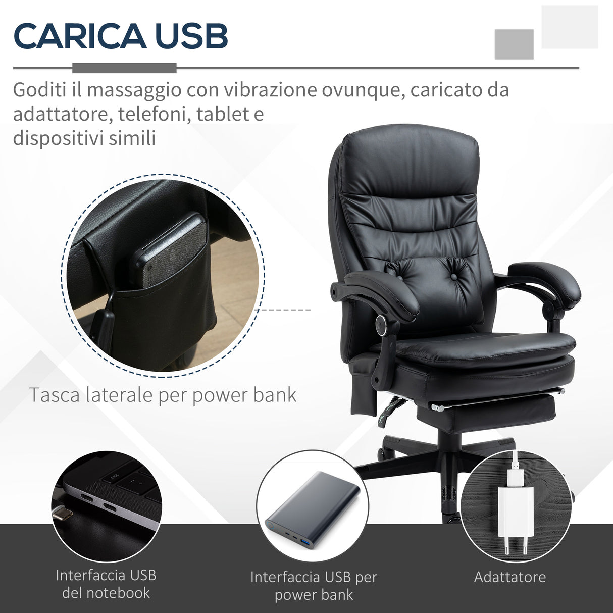 easycomfort easycomfort sedia da ufficio massaggiante in similpelle con presa usb 64x69x107 115cm nero