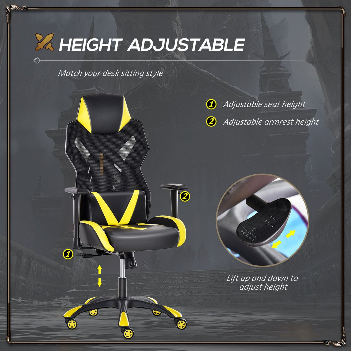 easycomfort easycomfort sedia poltrona gaming ergonomica e girevole con altezza regolabile similpelle e rete nero giallo