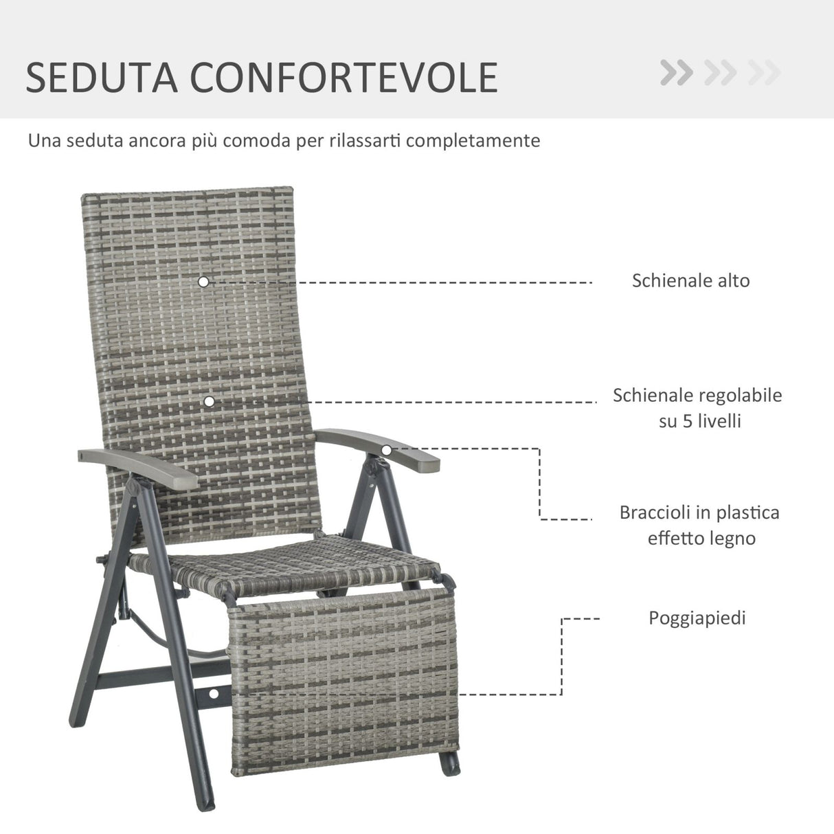 easycomfort easycomfort sedia sdraio da giardino pieghevole reclinabile in rattan pe con braccioli e poggiapiedi grigio ean 8055776913254