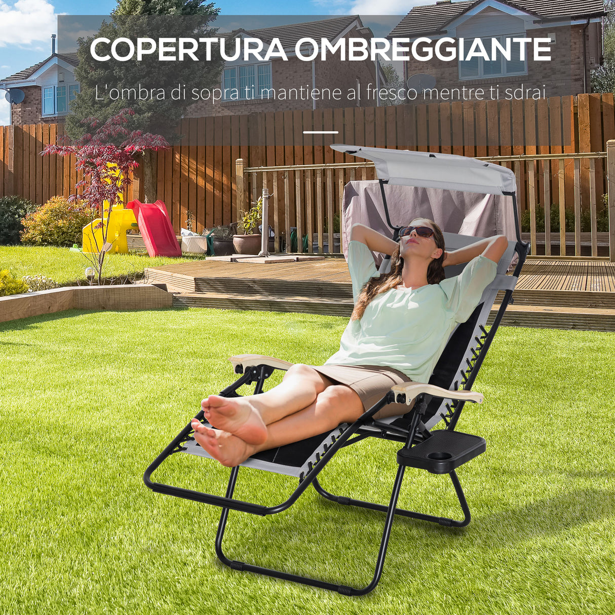 easycomfort easycomfort sedia sdraio da giardino zero gravity pieghevole e reclinabile con tettuccio poggiatesta e porta bicchieri grigio chiaro