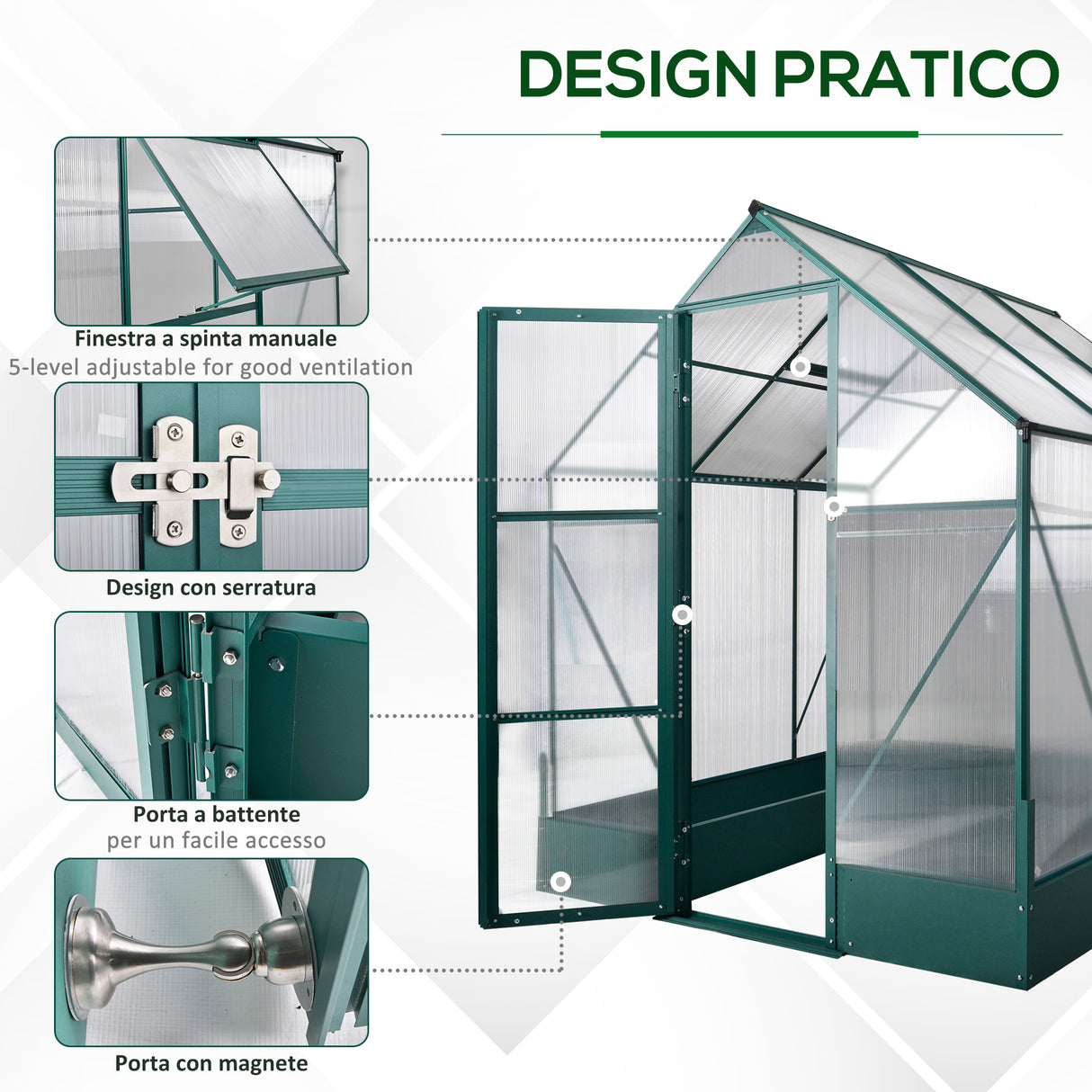 easycomfort easycomfort serra da giardino in policarbonato e alluminio con finestre e base inclusa 190x190x220 cm