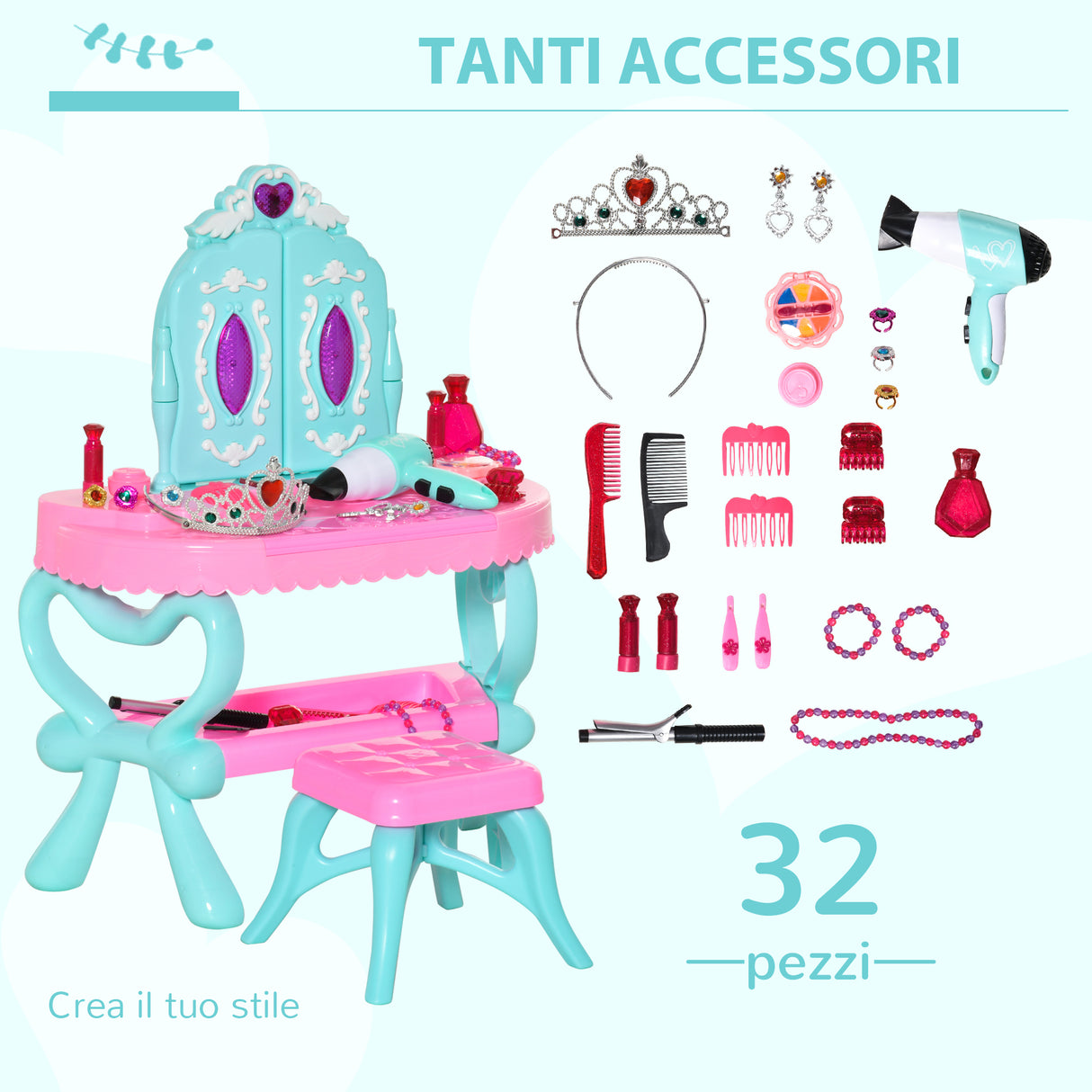 easycomfort easycomfort set 2 in 1 da 32pz per bambine 3 6 anni tavolo per trucco con accessori e pianoforte 49 5x23x66 cm blu e rosa