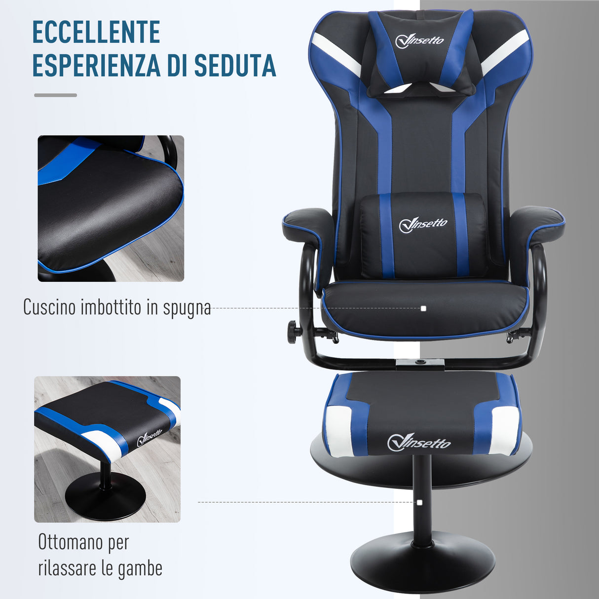 easycomfort easycomfort set 2 pezzi poltrona gaming reclinabile inclinabile a 130 con sgabello poggiapiedi nero e blu scuro