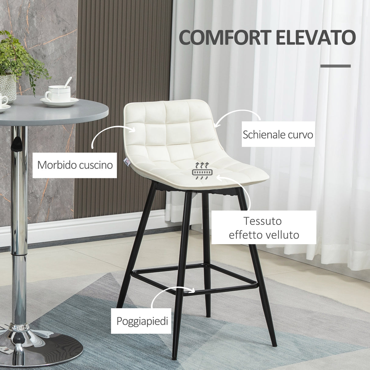 easycomfort easycomfort set 2 sgabelli da bar con schienale e poggiapiedi in stile nordico in metallo e velluto color crema 45x47x84 cm