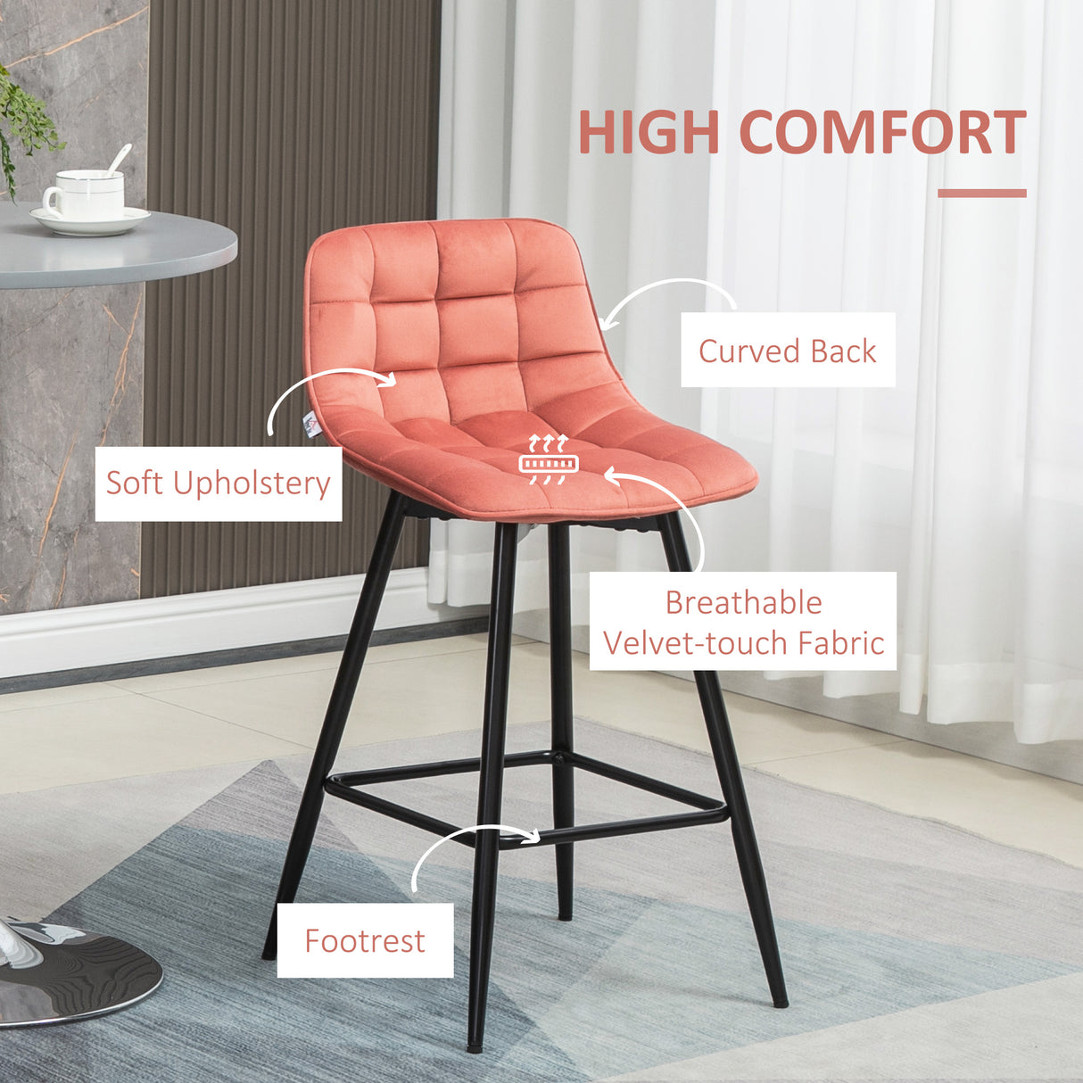 easycomfort easycomfort set 2 sgabelli da bar con schienale e poggiapiedi stile nordico in metallo e velluto rosso 45x47x84cm