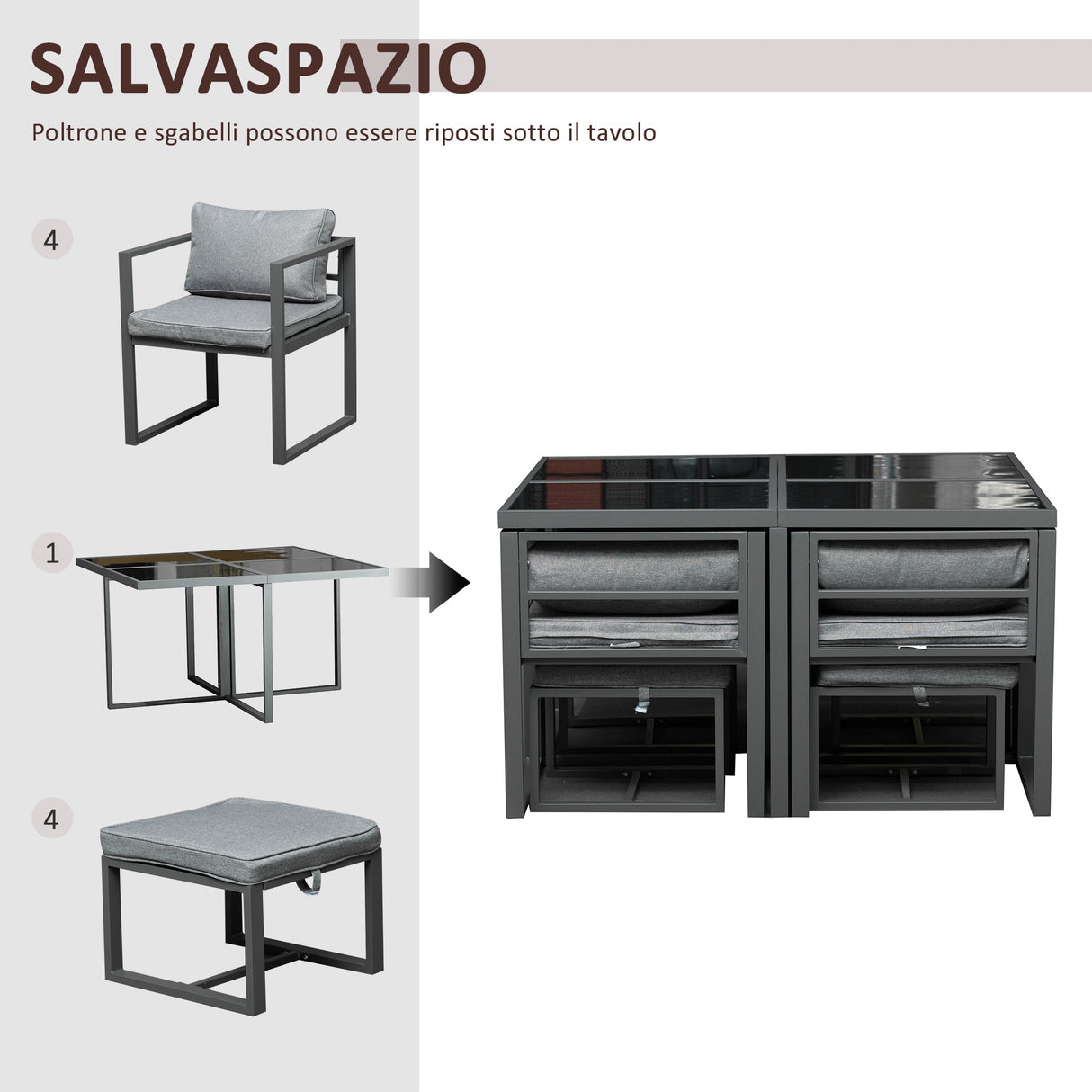easycomfort easycomfort set con tavolo 4 sedie e 4 sgabelli da giardino salotto da esterno in alluminio grigio