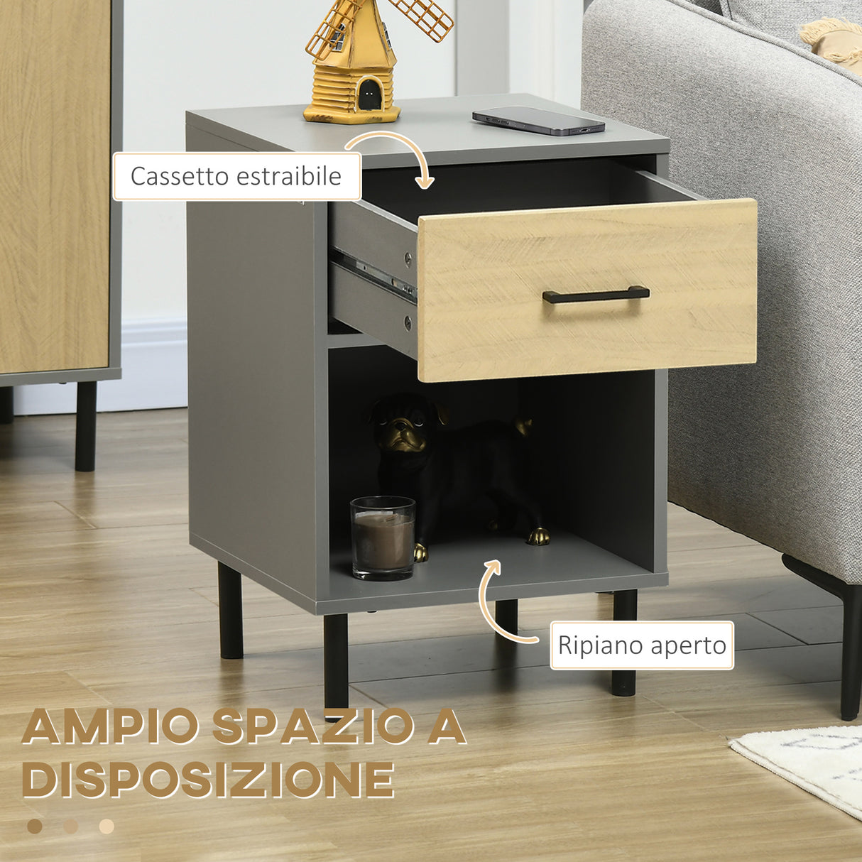easycomfort easycomfort set da 2 comodini moderni con ripiano aperto e cassetto in truciolato e metallo 40x40px60cm