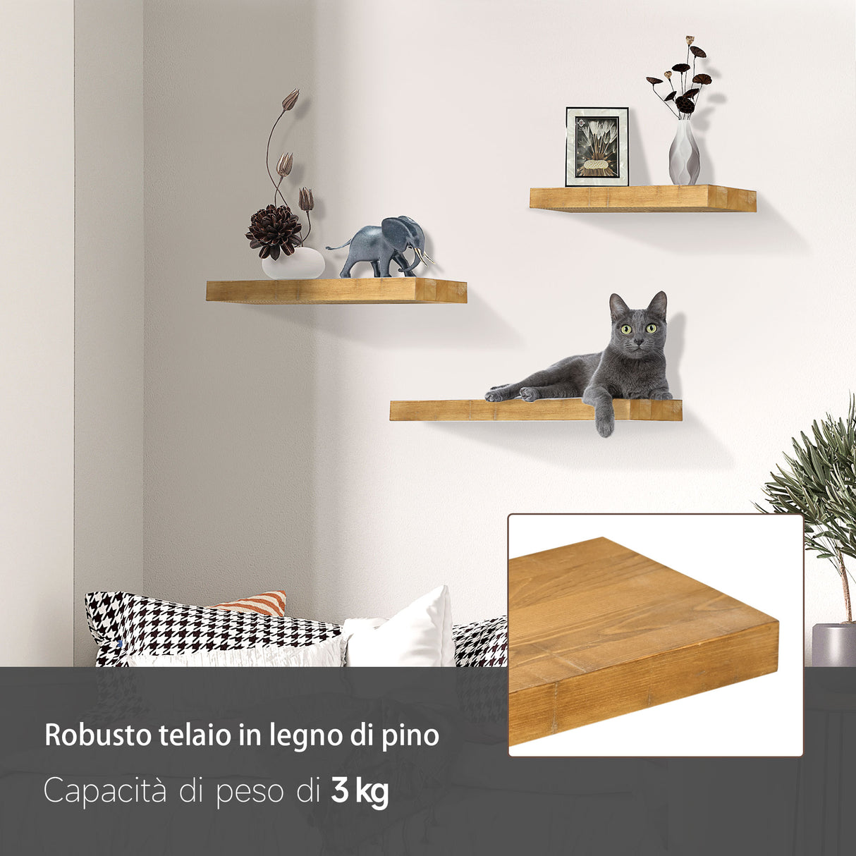 easycomfort easycomfort set da 3 mensole da parete in legno di pino 304050x18x3 6 cm marrone