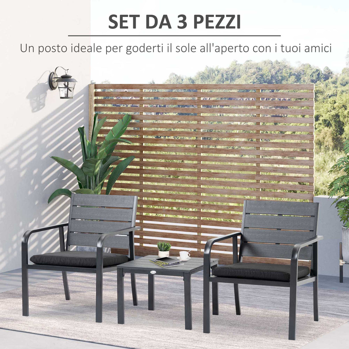 easycomfort easycomfort set da giardino 3 pezzi con tavolino e 2 sedie con cuscini acciaio e plastica grigio scuro