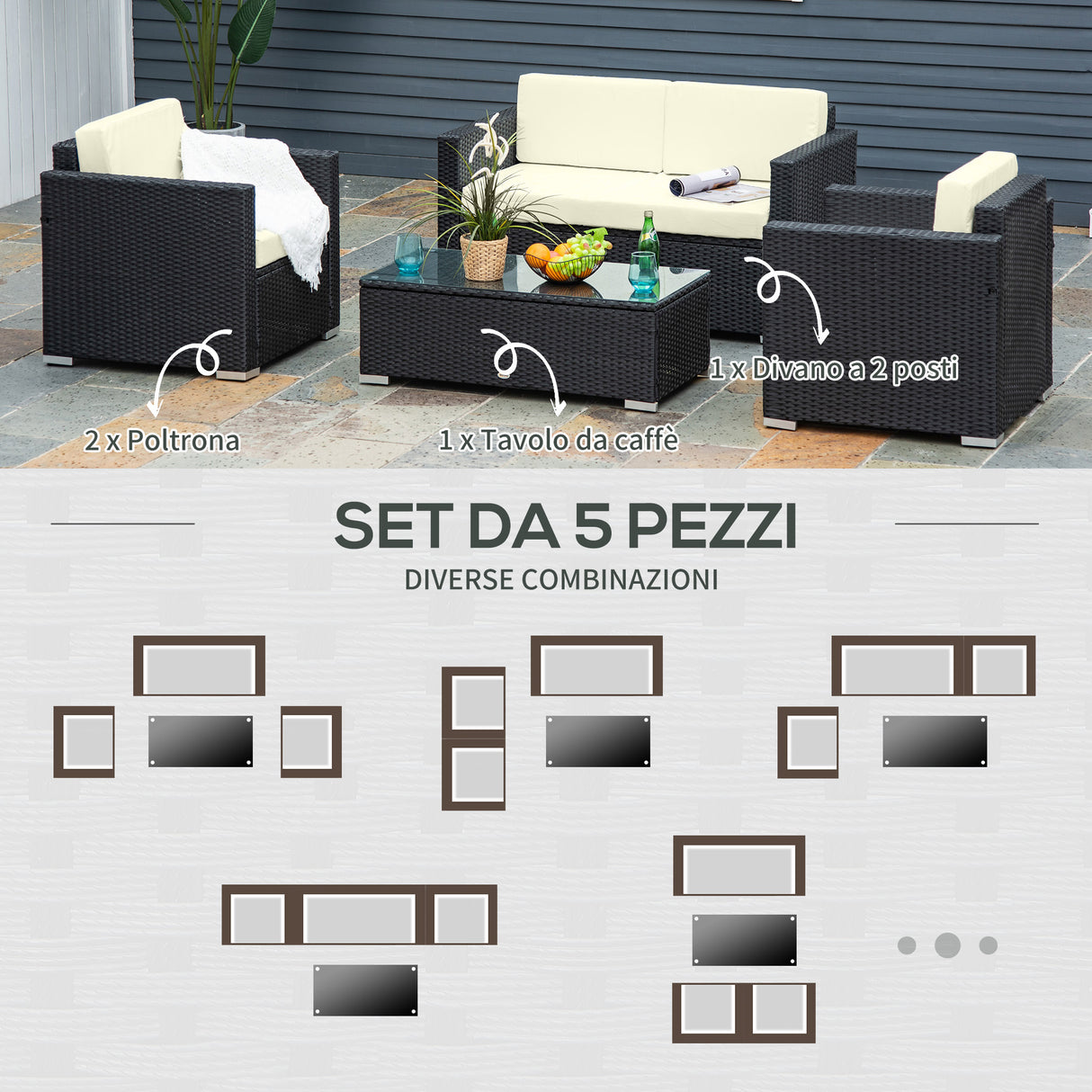 easycomfort easycomfort set da giardino 4 pezzi in rattan pe e acciaio con divano 2 poltrone e tavolino da caffe crema