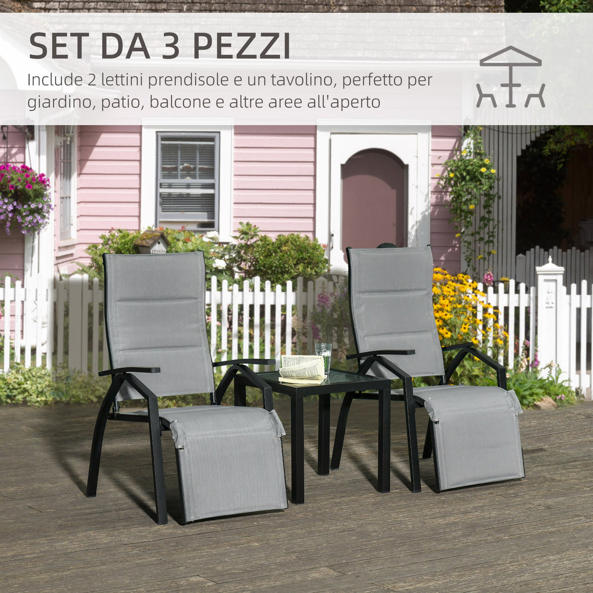 easycomfort easycomfort set da giardino con 2 sedie a sdraio reclinabili imbottite e tavolino in vetro grigio