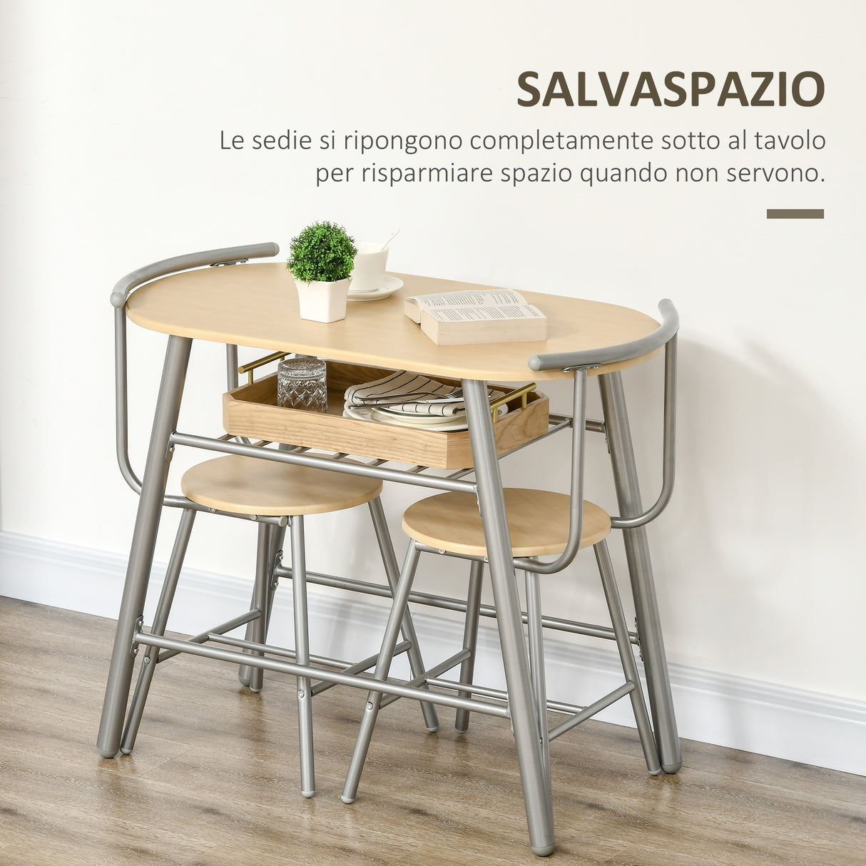 easycomfort easycomfort set da pranzo salvaspazio da 3 pezzi con tavolo da pranzo ovale con ripiano e 2 sedie in mdf e acciaio