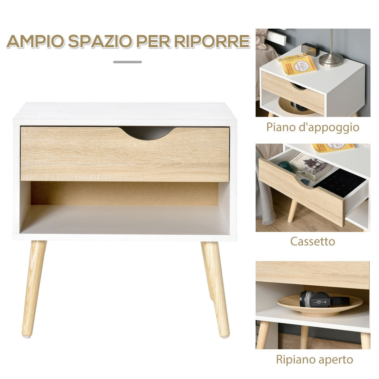 easycomfort easycomfort set di 2 comodini con cassetto e mensola base rialzata e gambe in legno 50x39x51cm bianco e rovere