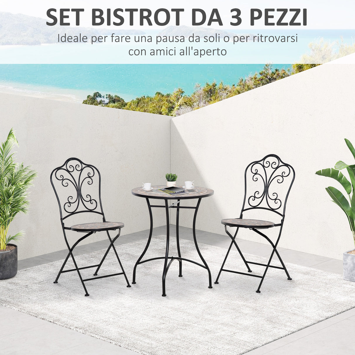 easycomfort easycomfort set mobili da giardino 3 pezzi con 2 sedie pieghevoli e tavolo da caffe in ceramica e metallo nero