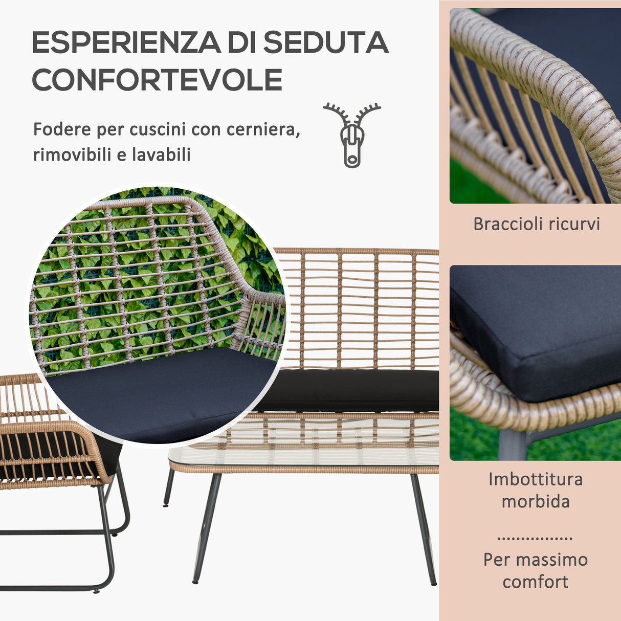 easycomfort easycomfort set mobili da giardino in rattan pe con 2 poltrone divanetto e tavolino con ripiano in vetro