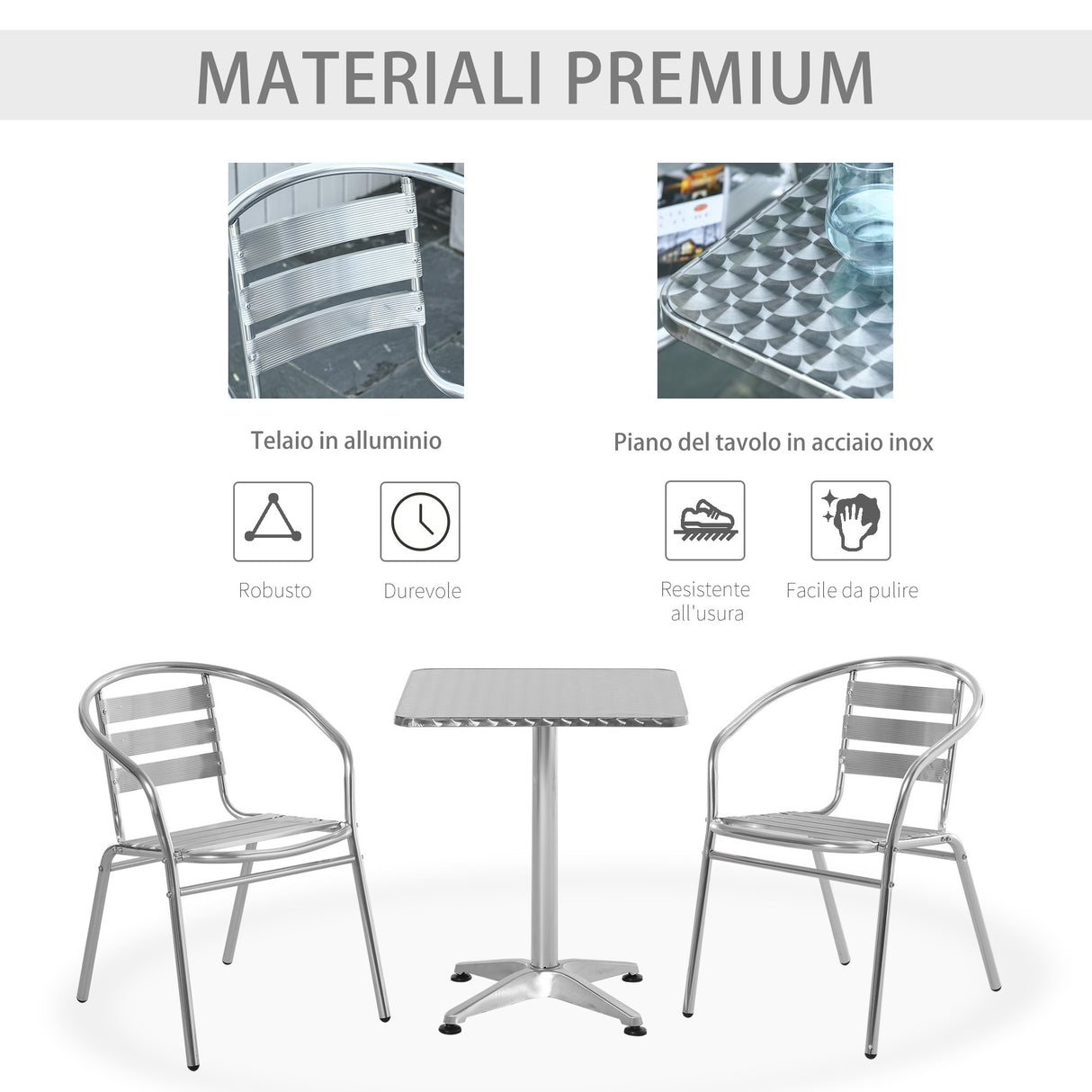 easycomfort easycomfort set tavolino e 2 sedie da esterno e giardino in alluminio e acciaio inox