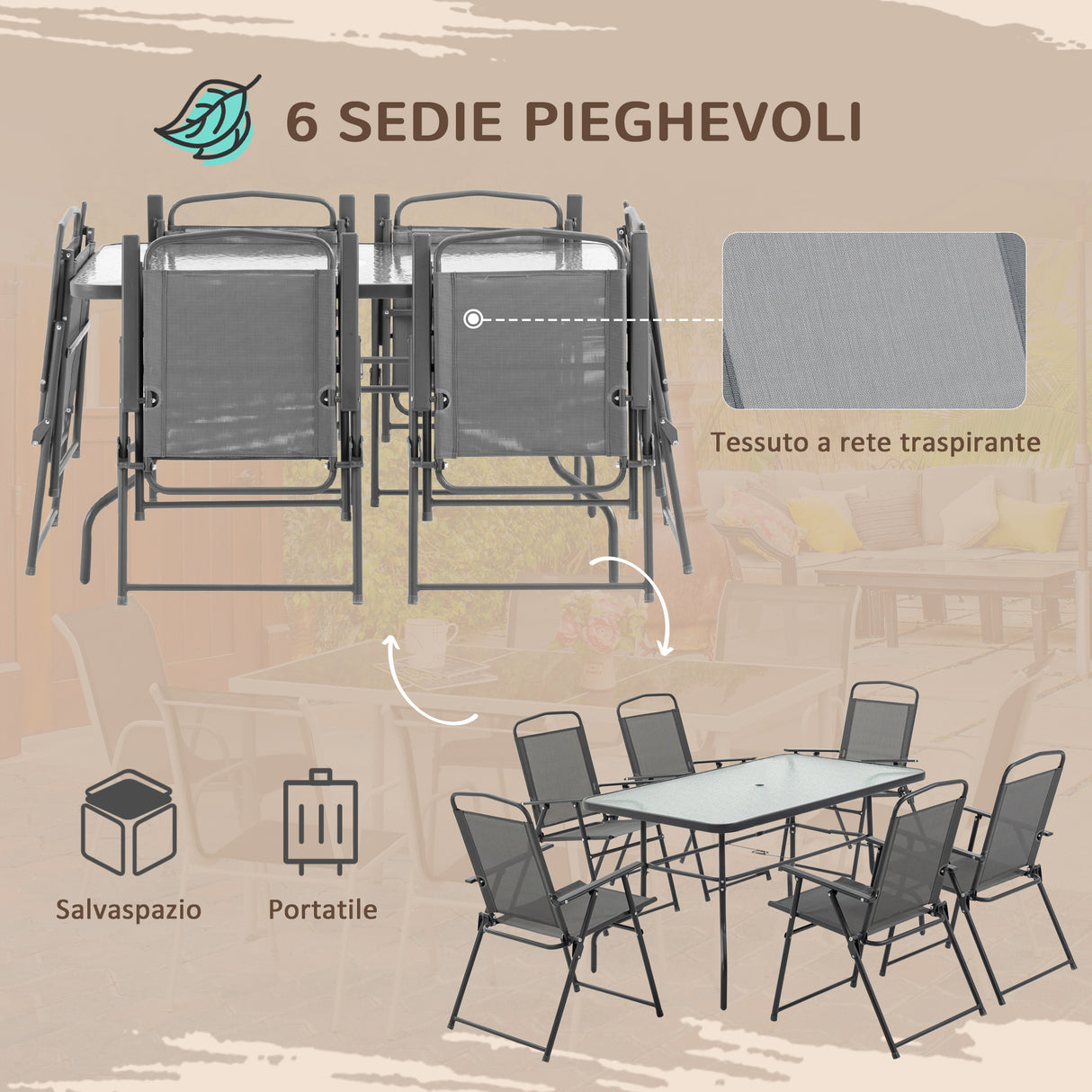 easycomfort easycomfort set tavolo con 6 sedie pieghevoli e ombrellone piano in vetro e sedute in tessuto grigio
