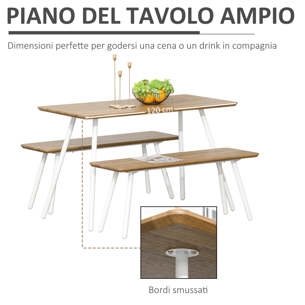 easycomfort easycomfort set tavolo da pranzo con 2 panche in stile nordico in mdf e metallo bianco
