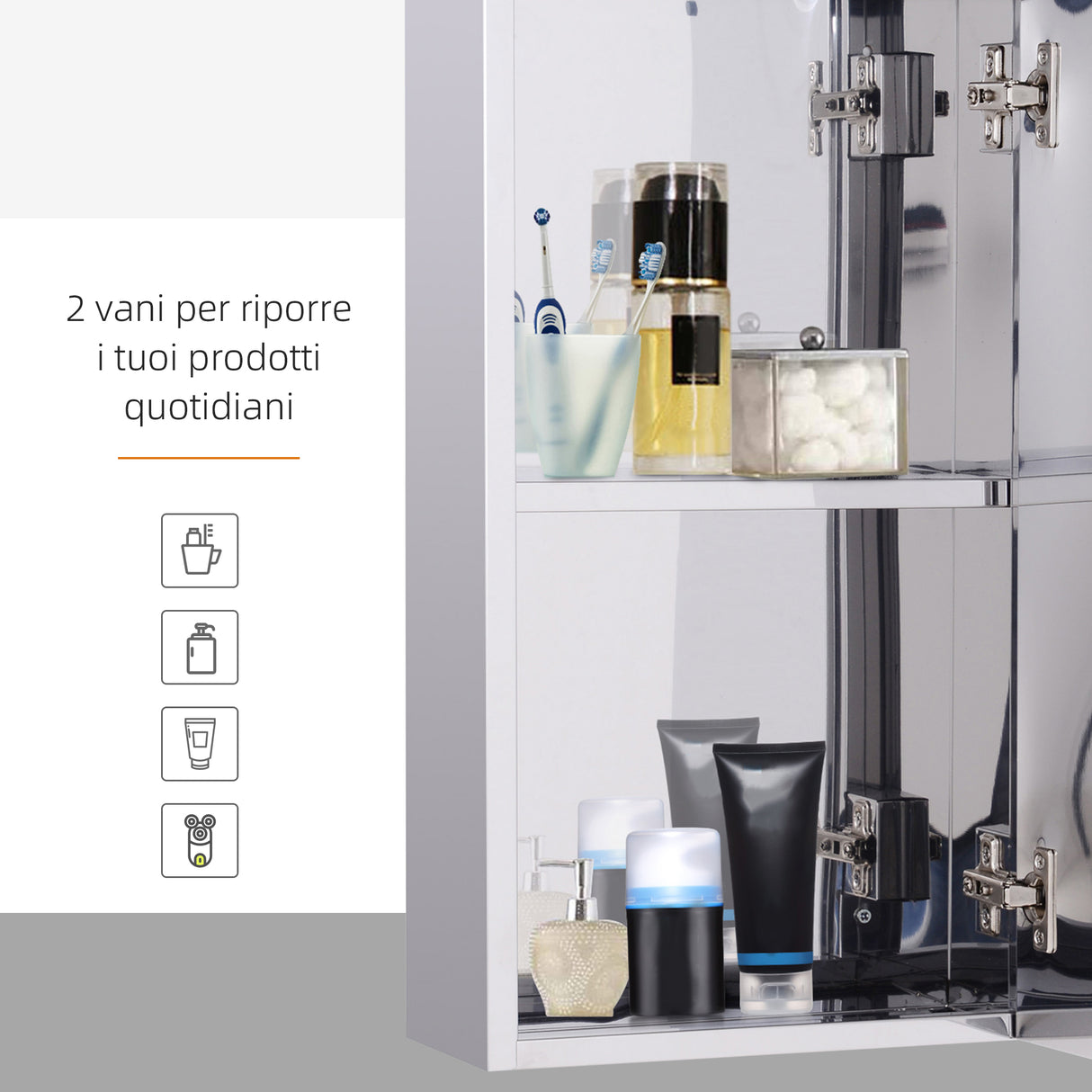 easycomfort easycomfort specchiera bagno in acciaio con anta e vano contenitore a 2 ripiani 55x14x30cm