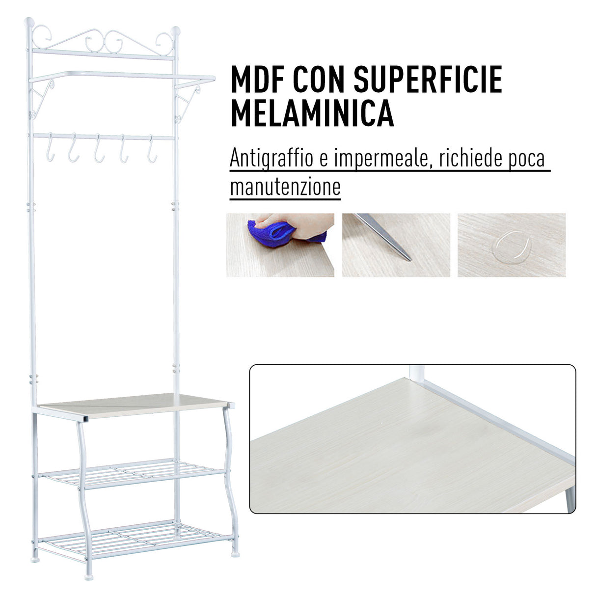 easycomfort easycomfort stand appendiabiti attaccapanni per ingresso scarpiera a 2 ripiani 5 ganci metallo 60 35 175cm bianco ean 8054111842167
