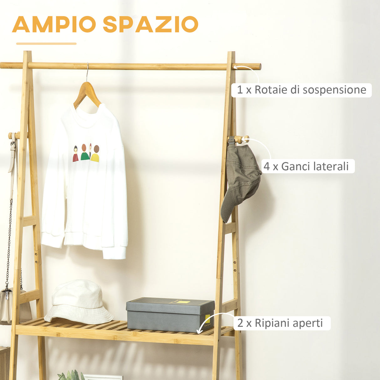 easycomfort easycomfort stand appendiabiti con 2 scaffali e 4 ganci laterali struttura in bambu 100l x 42p x 155acm color legno
