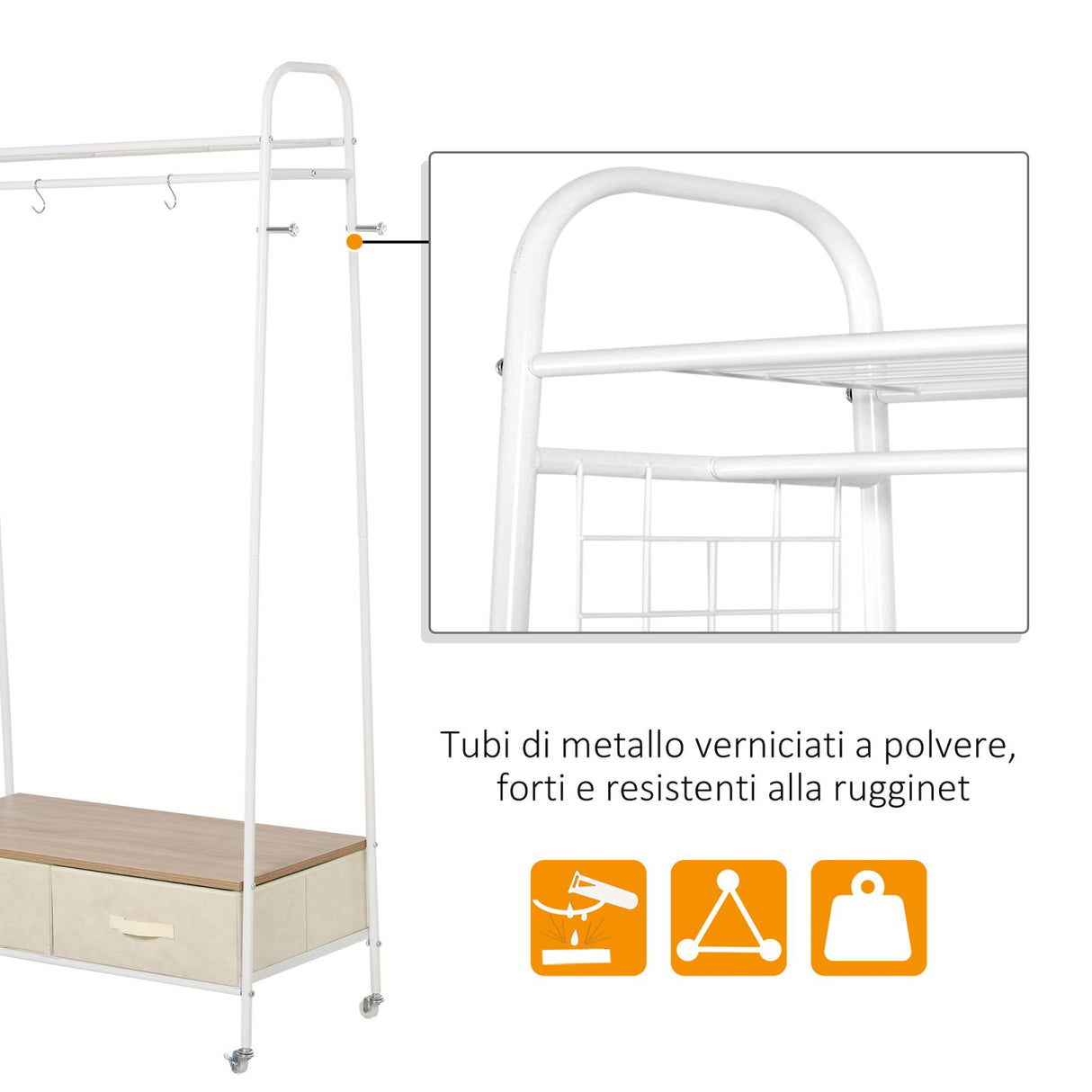 easycomfort easycomfort stand rella appendiabiti con 2 cassetti in metallo bianco e beige 99x47x185cm