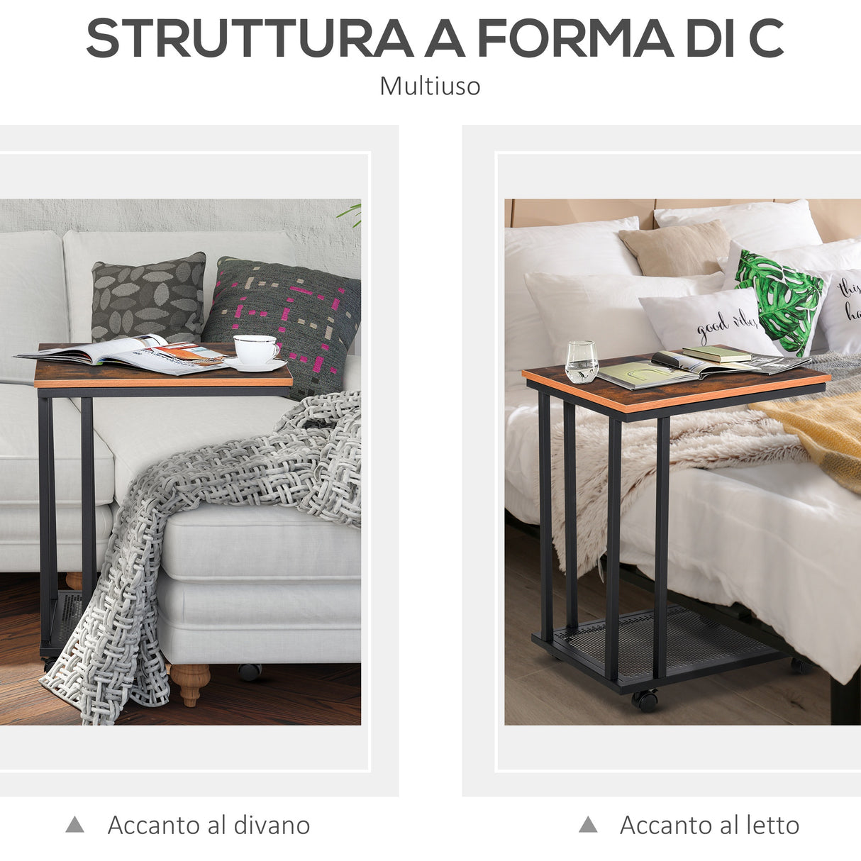 easycomfort easycomfort tavolino angolare per divano e letto con 4 rotelle in legno stile industrial 51x36x61 cm