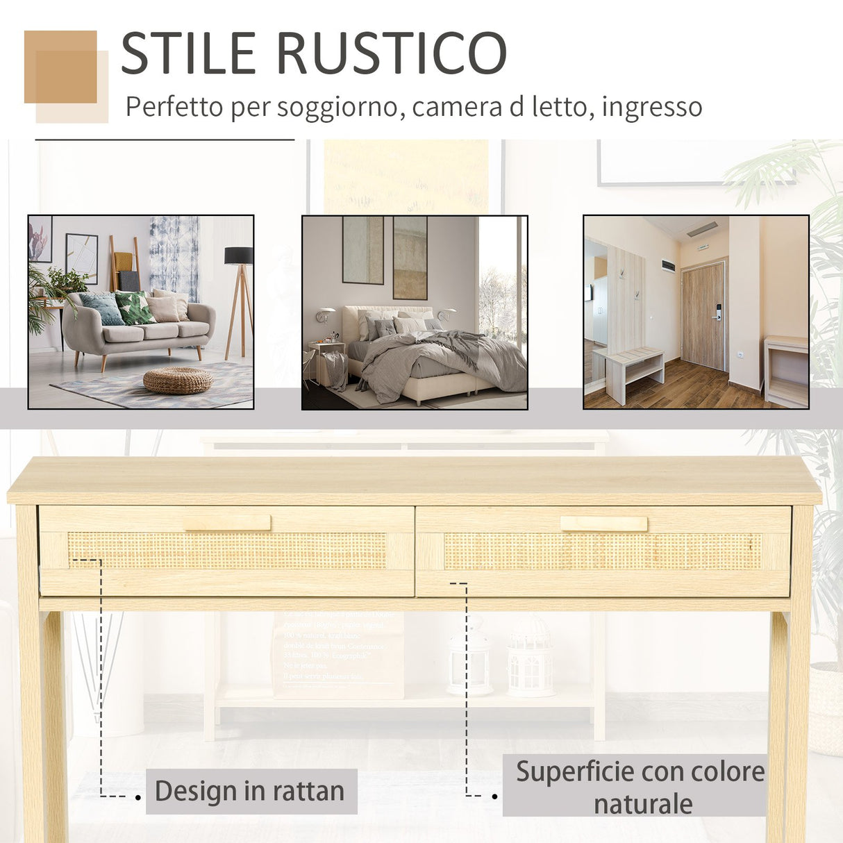 easycomfort easycomfort tavolino consolle in legno con 2 cassetti in rattan 100x30x76cm