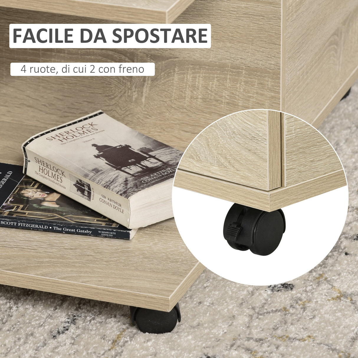 easycomfort easycomfort tavolino da caffe in legno con 2 cassetti 2 mensole e ruote con freno 70x70x35cm legno