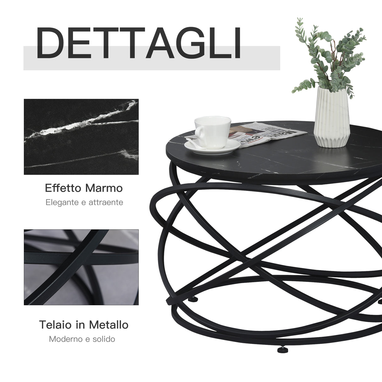 easycomfort easycomfort tavolino da caffe piano dappoggio rotondo con effetto marmo e struttura di design in metallo nero 72 x 48cm ean 8054144133317