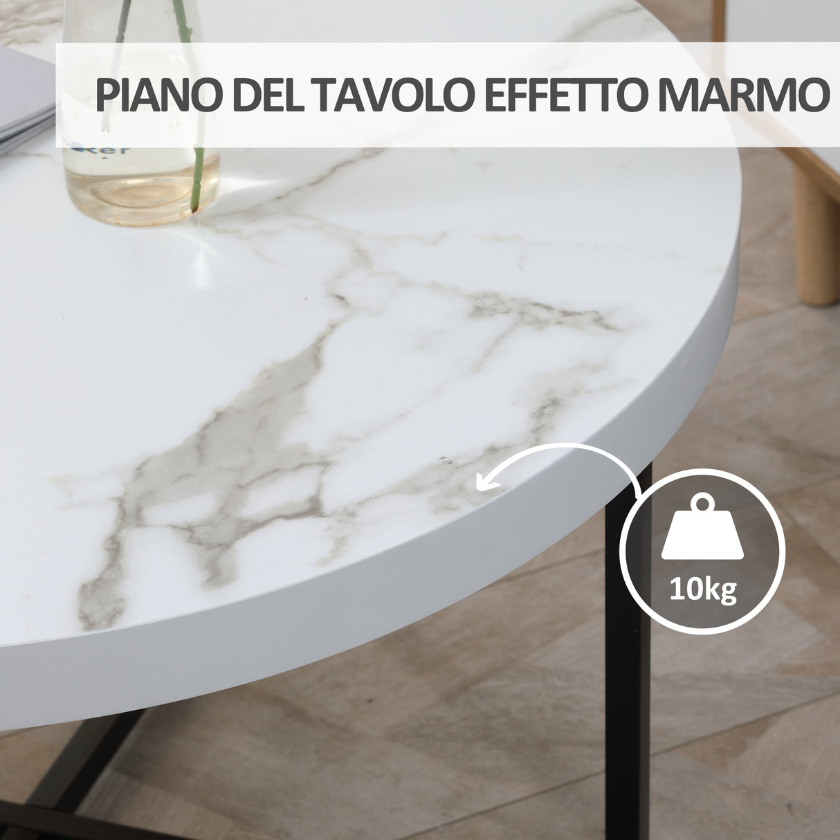 easycomfort easycomfort tavolino da caffe rotondo con piano effetto marmo in mdf e gambe in metallo 80x45 cm bianco