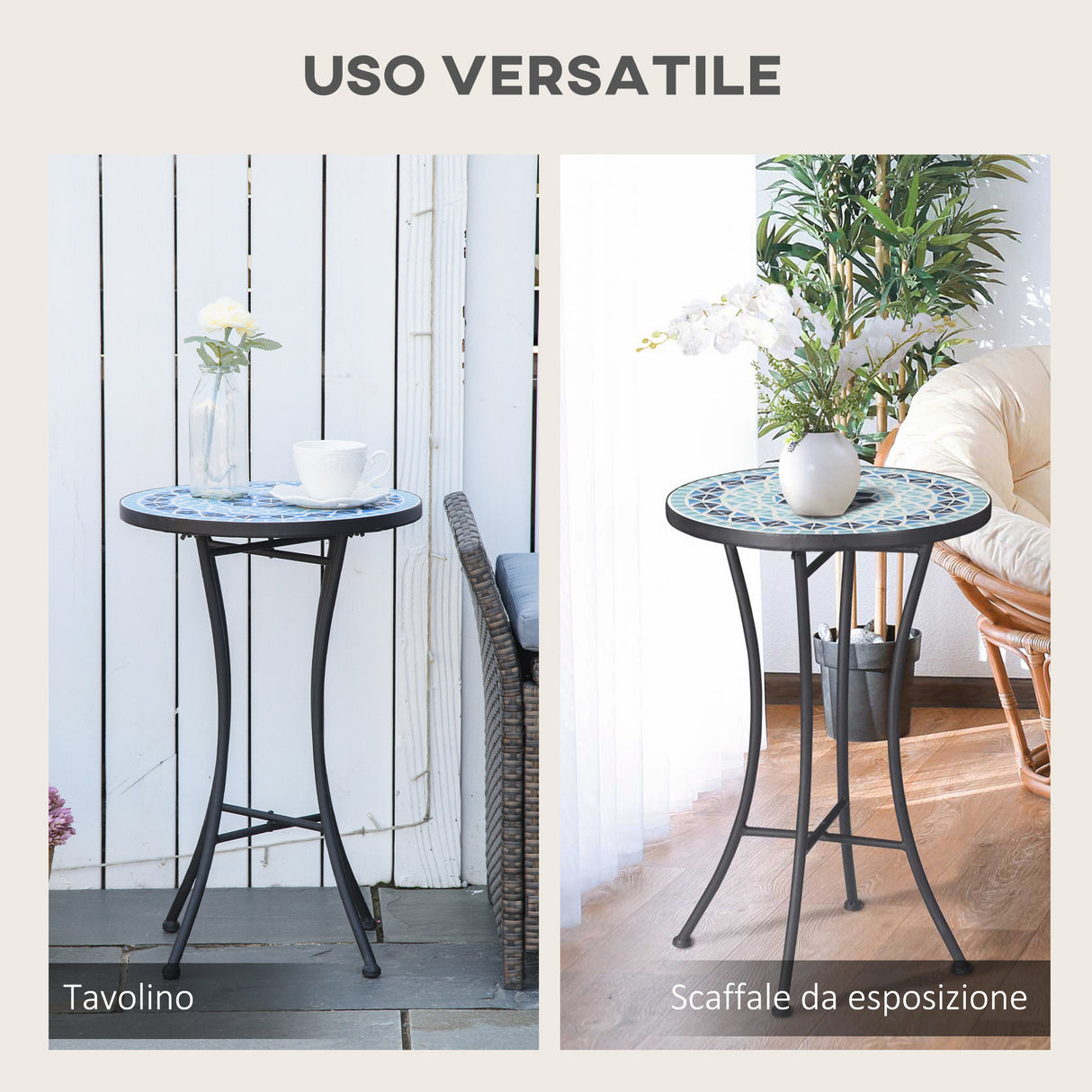 easycomfort easycomfort tavolino da giardino rotondo a mosaico in metallo con piano in ceramica 35 5x53 5cm blu