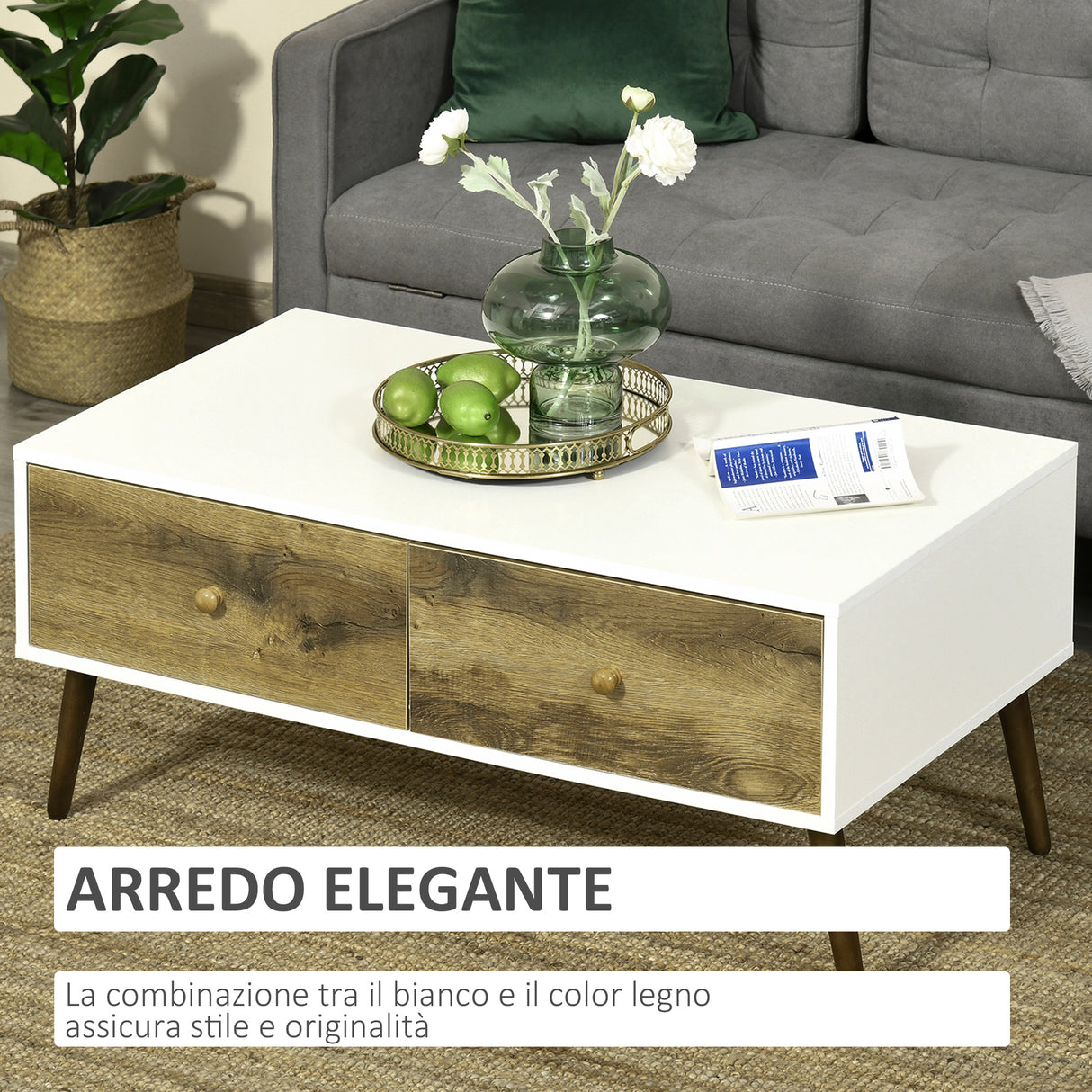 easycomfort easycomfort tavolino da salotto in stile nordico con 4 cassetti 100x53 3x45cm bianco e color legno