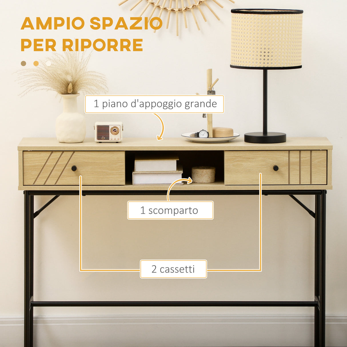 easycomfort easycomfort tavolo consolle in legno e metallo stile industriale con 2 cassetti 110x29 5x78cm naturale