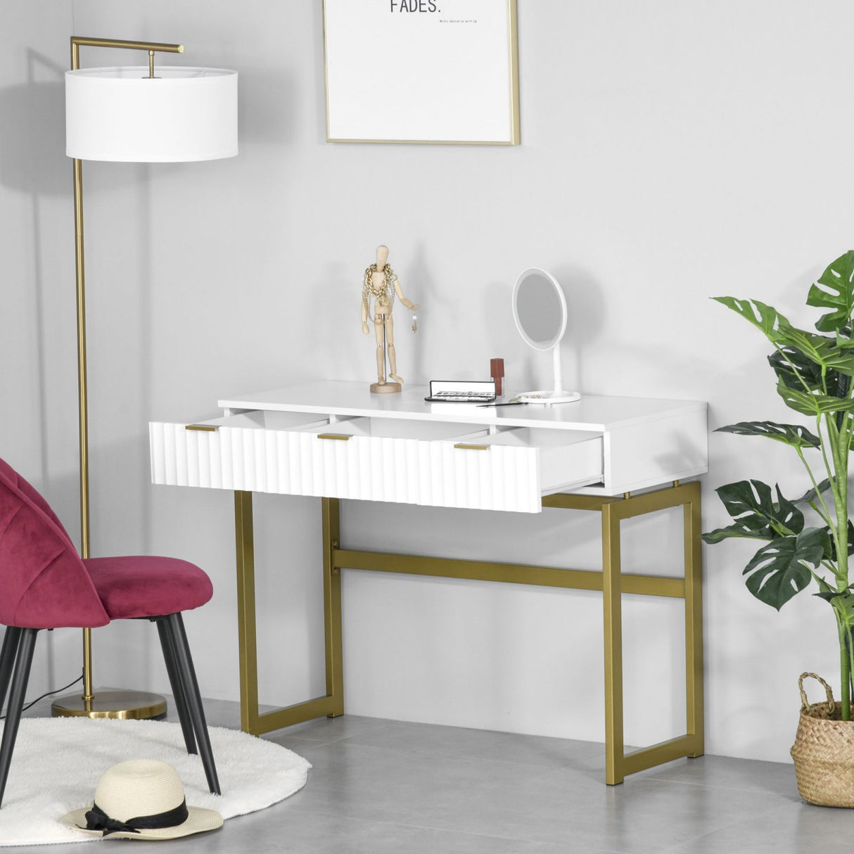 easycomfort easycomfort tavolo consolle toeletta con 3 cassetti in mdf bianco e struttura in metallo e dorato ean 8055776910659