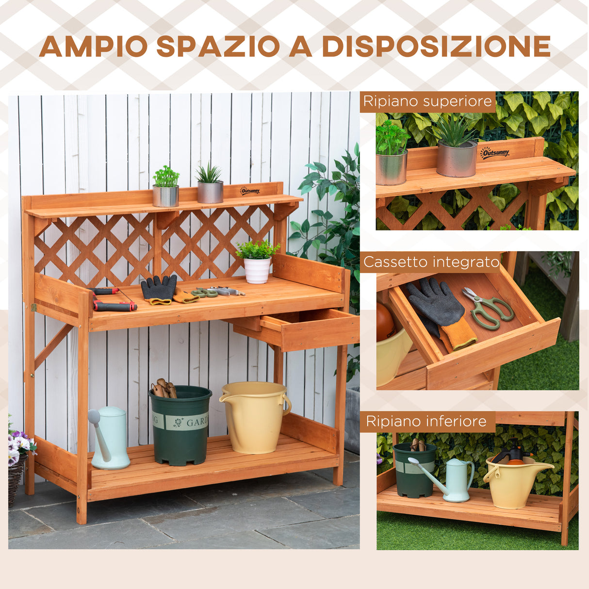 easycomfort easycomfort tavolo per giardinaggio in legno di abete con griglia cassetto e mensole 111 8x50 3x112 3cm