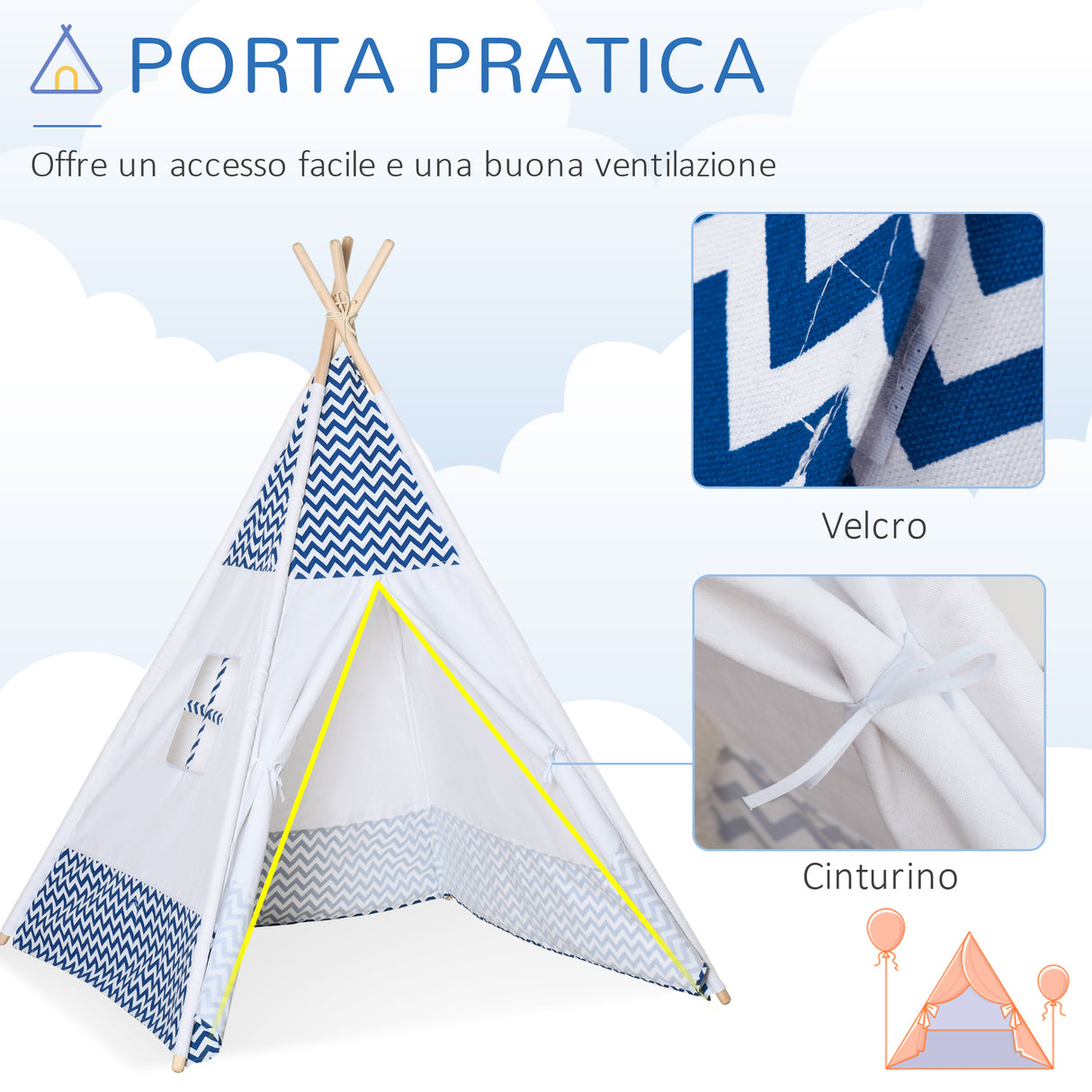 easycomfort easycomfort tenda indiana per bambini teepee in tessuto e legno con finestra eta 3 6 anni 120x120x155cm bianco e blu