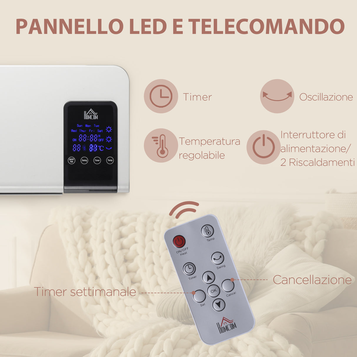 easycomfort easycomfort termoventilatore da parete oscillatorio con timer 12h e 2 modalita di riscaldamento 54 5x12x21 5 cm bianco
