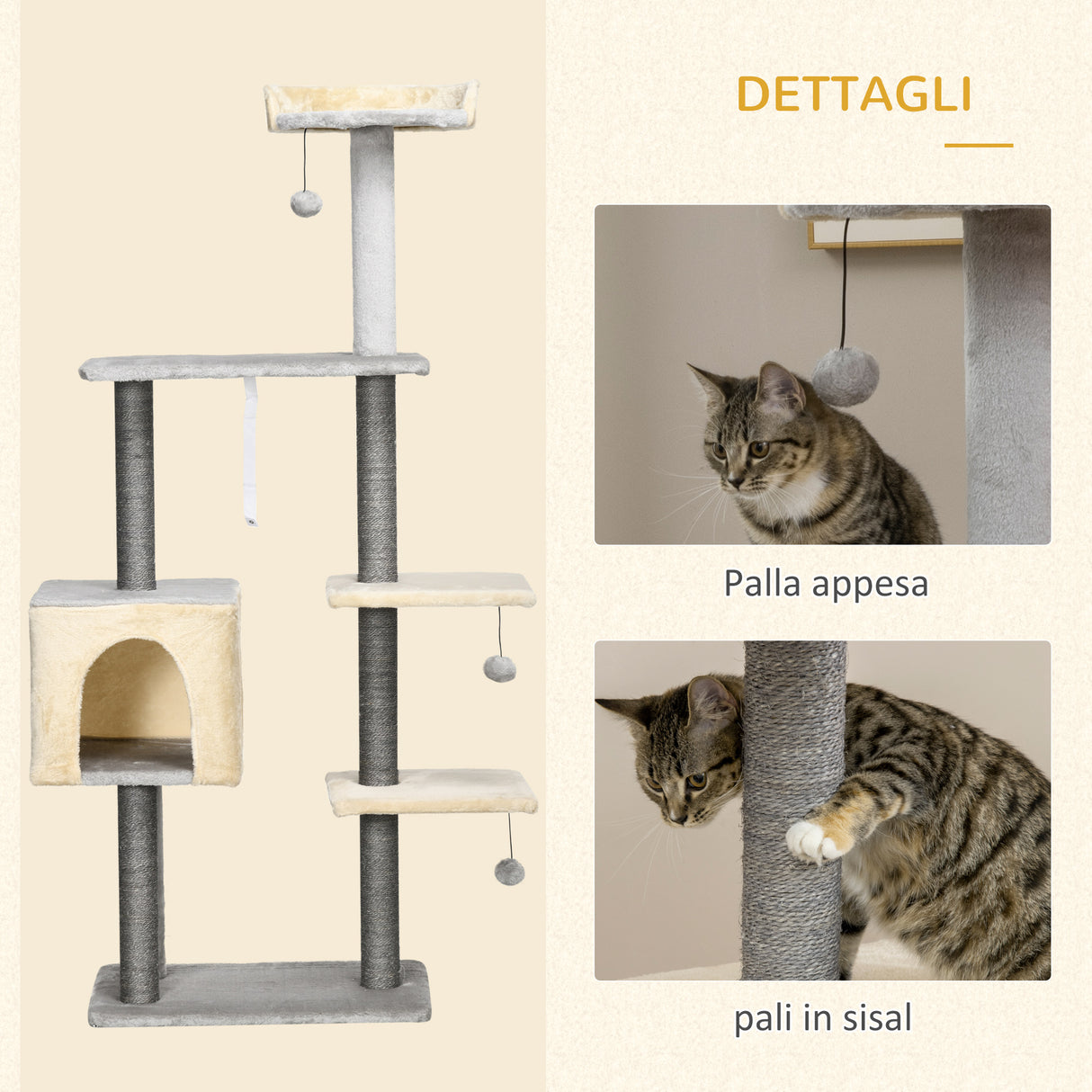 easycomfort easycomfort tiragraffi per gatti alto 156cm con lettino casetta e pali tiragraffi in sisal