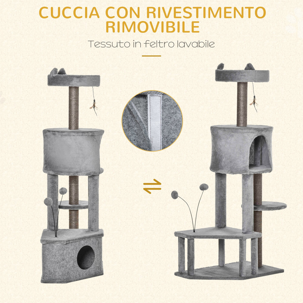 easycomfort easycomfort tiragraffi per gatti con cucce e rivestimento in peluche e feltro altezza 133cm grigio