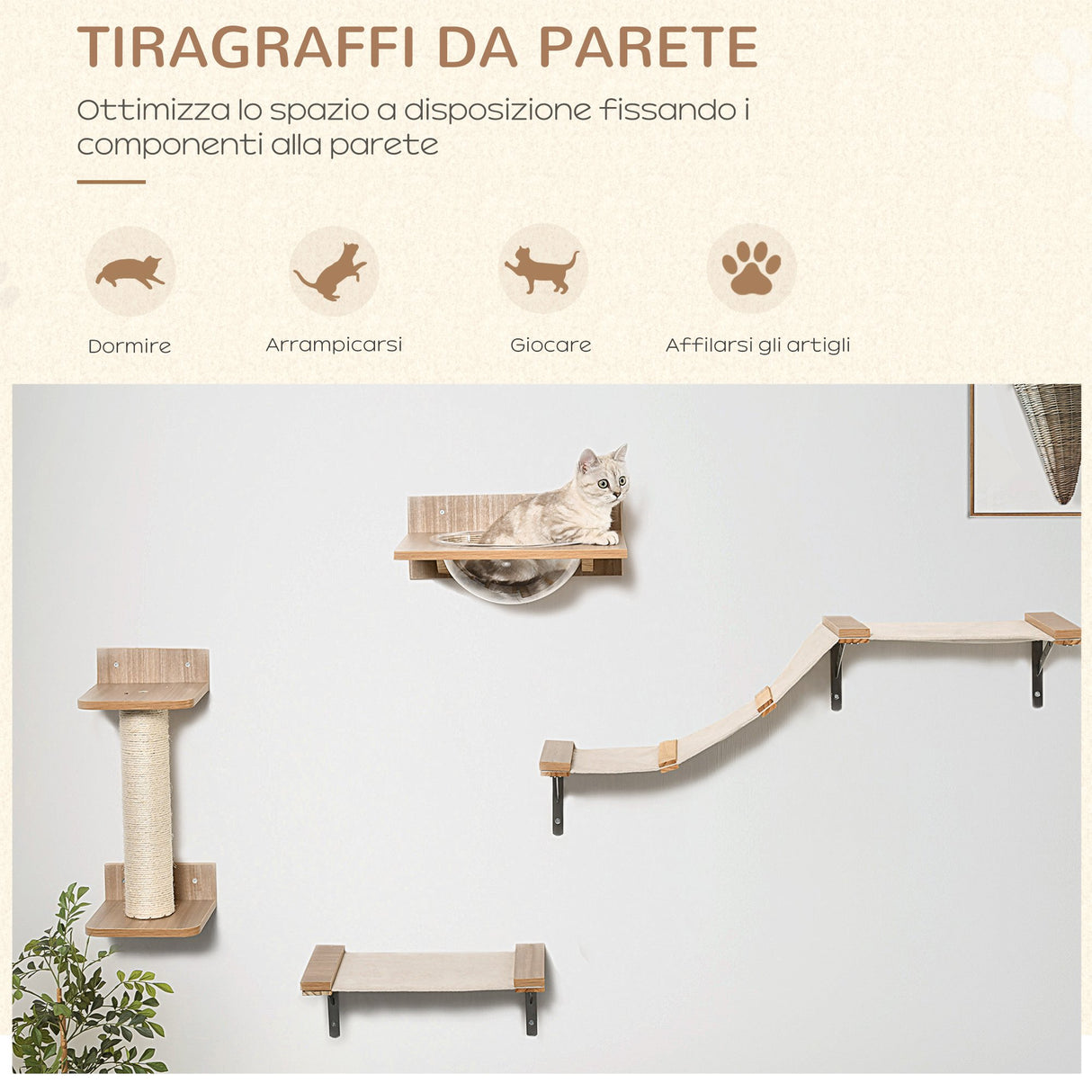 easycomfort easycomfort tiragraffi per gatti da parete set 4 pezzi con amache tiragraffi a colonna e passerella in legno e sisal marrone